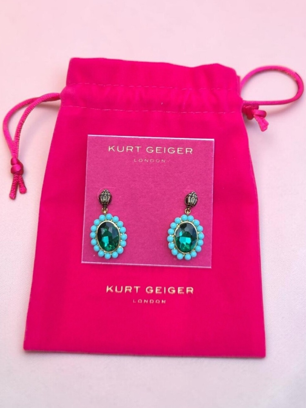 Kurt Geiger Turquoise & Emerald Oval Drop Earrings Eagle Heads NWT and dusty